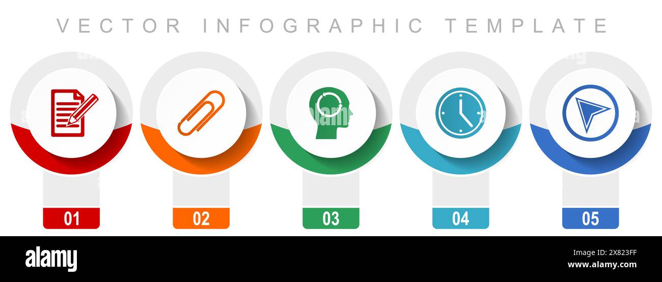 Bildungs-Symbolsatz, verschiedene Vektorsymbole wie Registrieren, Anhängen, Kopf, Uhr und Navigationspfeil, Infografik-Vorlage mit modernem Design, Web-but Stock Vektor