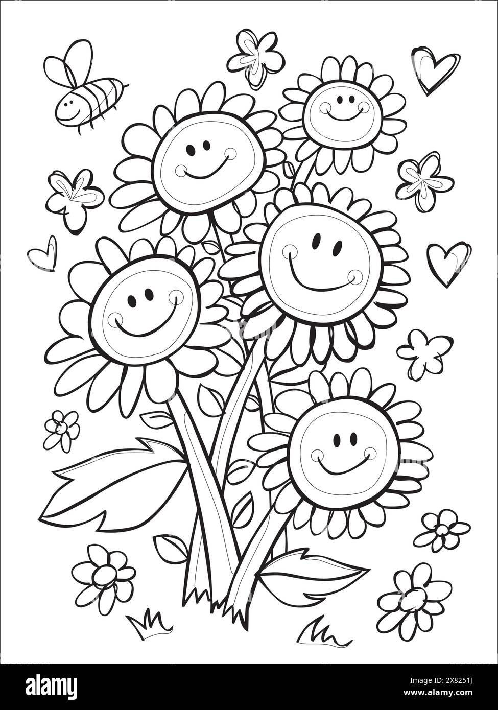 Vektor schwarz und weiß Färbung Blatt mit Hand gezeichnet Smiley Gesicht Blume Blumenstrauß Illustration mit Herzen und kurvigen Sternen. Passende Kinderfärbung Stock Vektor