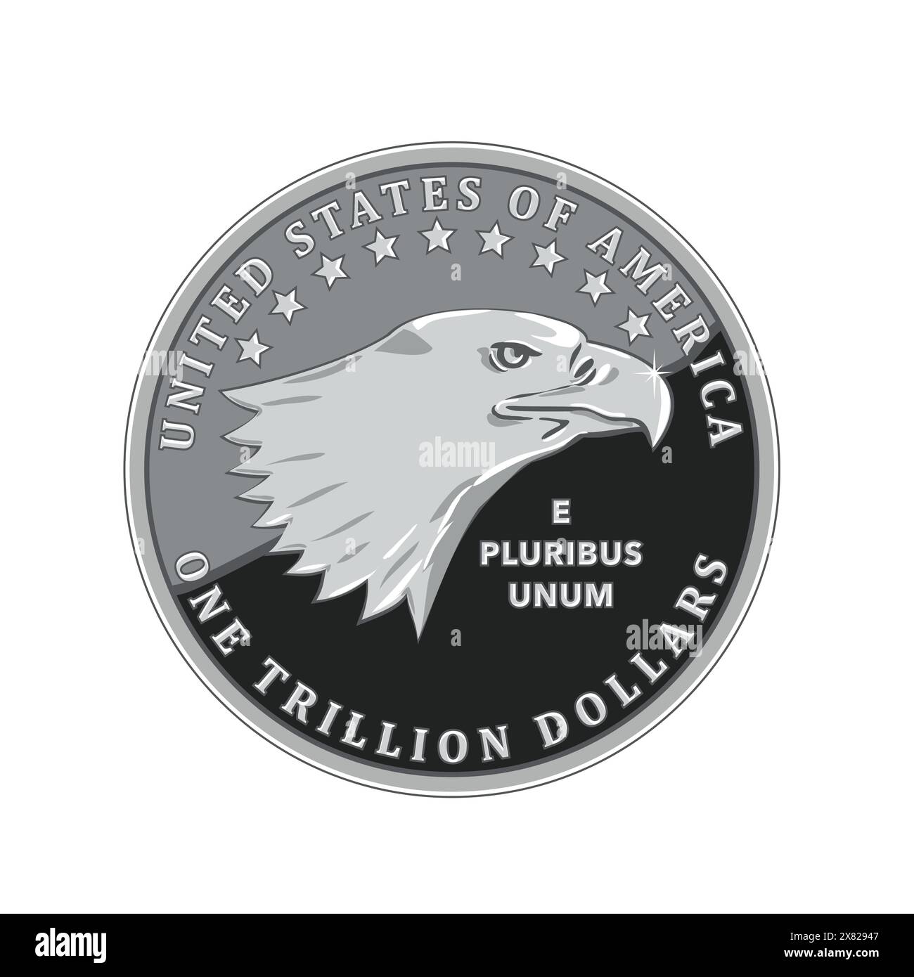 Flache Ikone im Metallic-Stil mit einer Billionen-Dollar-Münze der Vereinigten Staaten von Amerika, USA, mit dem Kopf eines Weißkopfadlers, der von der Seite mit Wor betrachtet wird Stock Vektor