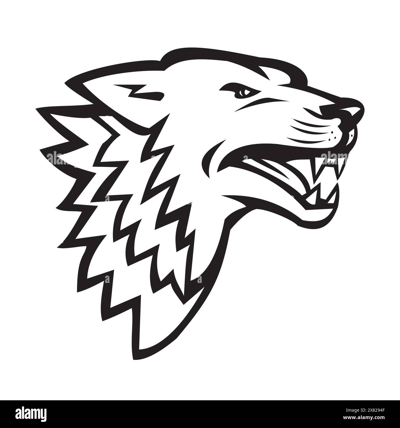 Sportmaskottchen-Symbol Darstellung des Kopfes eines wütenden Wolfs oder eines knurrenden wilden Hundes auf isoliertem Hintergrund im Retro-Schwarz-Weiß-Stil. Stock Vektor