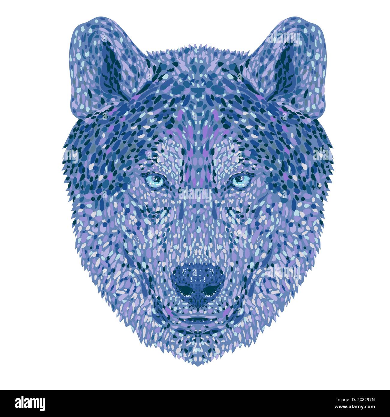 Pointillist, Impressionist oder Pop-Art-Darstellung des Kopfes eines Wolfs, Canis Lupus, grauen Wolfs oder grauen Wolfs, von vorne auf einem isolierten Hintergrund betrachtet Stock Vektor