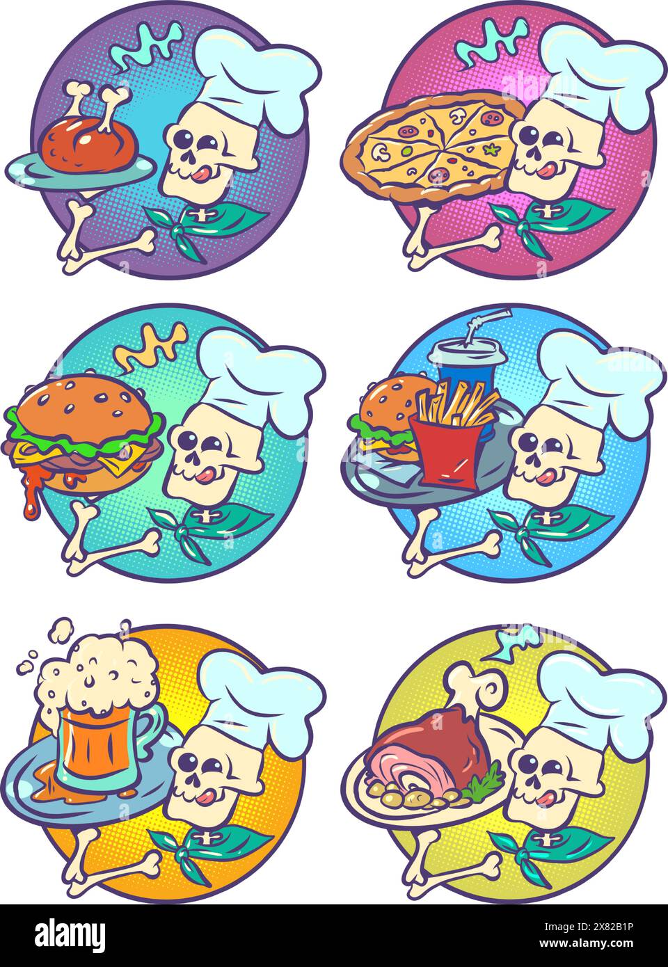 Skelett-Koch-Set mit verschiedenen Gerichten. Köstlicher Fast Food Lieferservice. Themengerichte für Halloween und Day of the Dead. Comic-Comic-Pop-Art Stock Vektor