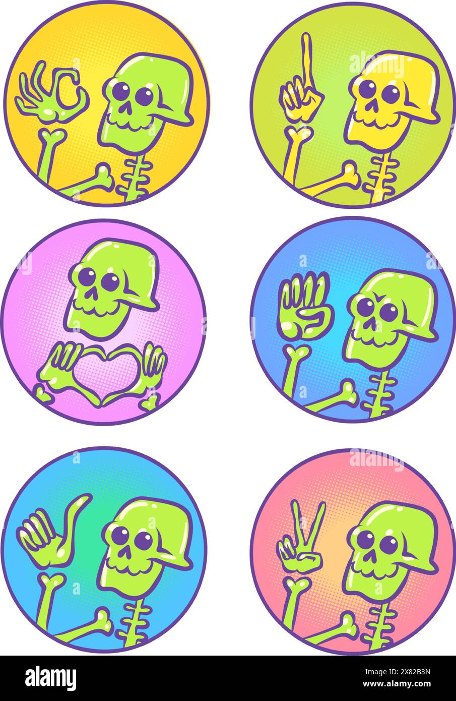 Eine Reihe von Handgesten, die von einem Skelett gemacht wurden. Fertiges Set mit Stickern und Emojis. Halloween und Tag der Toten. Comic Cartoon Pop Art Retro Vektor illustr Stock Vektor