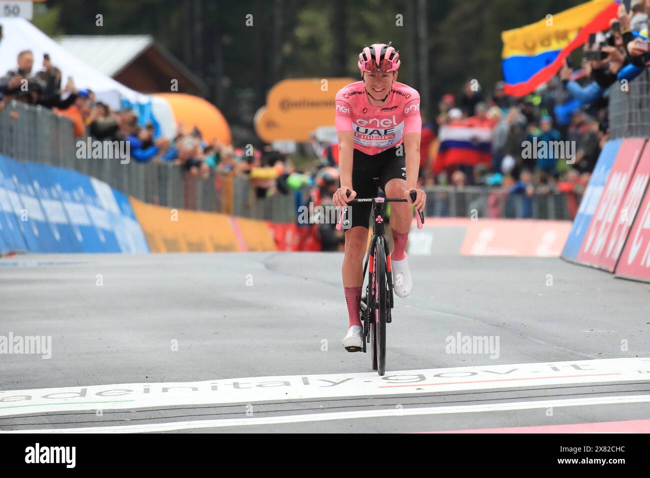 Pieve Di Tesino, Italien. Mai 2024. © Pierre Teyssot/MAXPPP; Giro d'Italia 2024 UCI Radrennen - Stufe 16. Pieve di Tesino, Italien am 22. Mai 2024. Etappe 17. Von Wolkenstein in Gröden bis Passo Brocon. Tadej Pogacar (SLO) das Team Emirates der Vereinigten Arabischen Emirate ist mit dem rosa Trikot weiterhin führend. Georg Steinhauser (EF Education) aus Deutschland gewinnt die Bühne. Tadej Pogacar (SLO) VAE Team Emirates © Pierre Teyssot/Maxppp Credit: MAXPPP/Alamy Live News Stockfoto