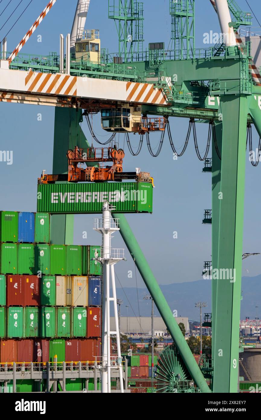 Los Angeles, Kalifornien, USA - 12. Januar 2024: Containerkran hebt einen Evergeen-Container im Hafen von Los Angeles. Stockfoto
