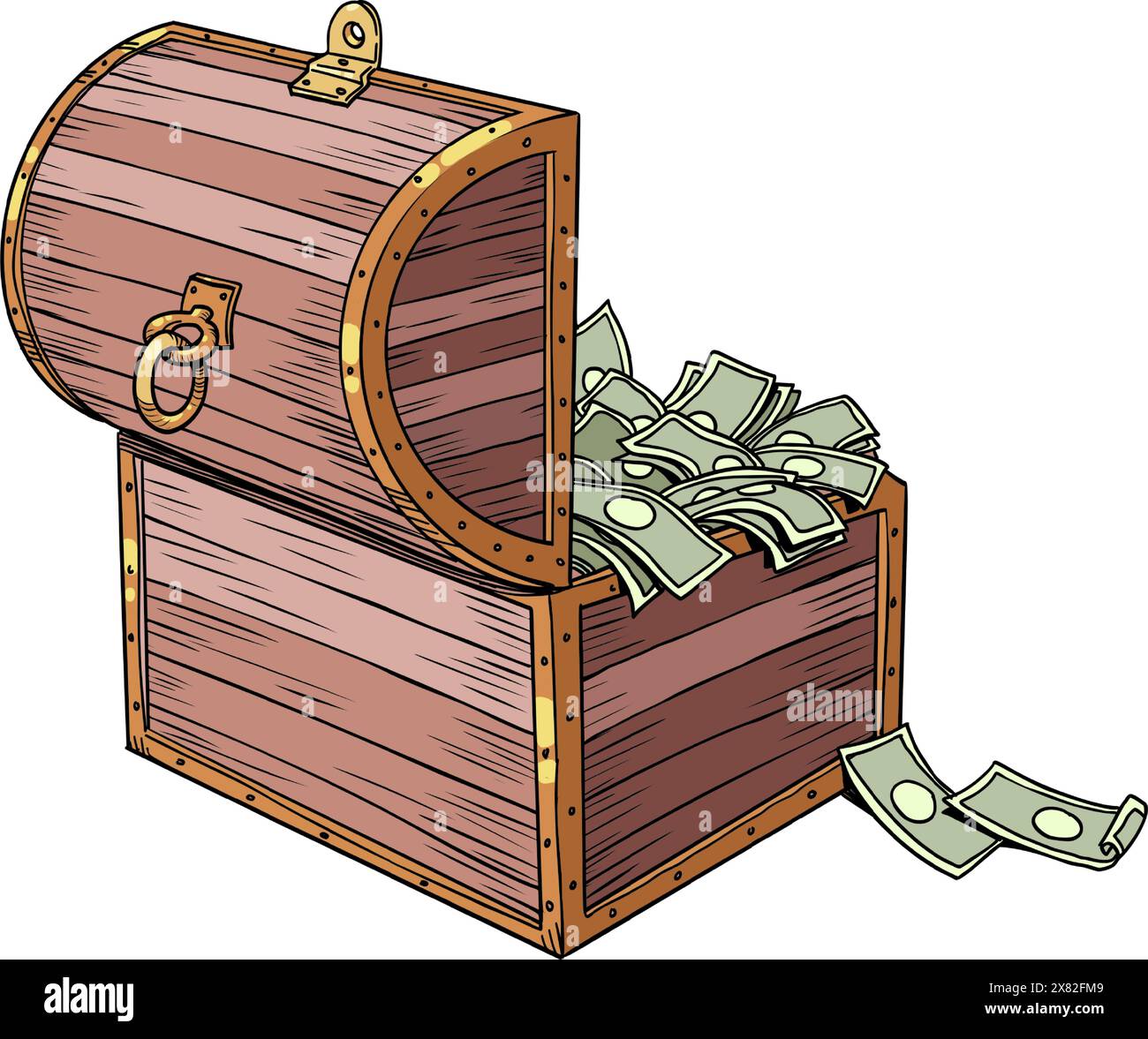 Luxuriöse Holzkiste mit Geld. Finanzielle Einsparungen, die sich ansammeln. Reichtum unter Verschluss. Pop Art Retro Vektor Illustration Kitsch Vintage 50er Jahre 60er Jahre Stock Vektor