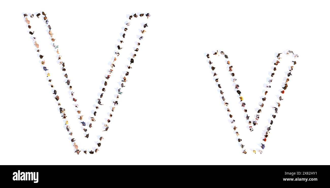 Konzept oder konzeptionelle große Gemeinschaft von Menschen bilden die Schrift V. 3D Illustration Metapher für Einheit und Vielfalt, humanitäre, Teamarbeit, Cooperat Stockfoto