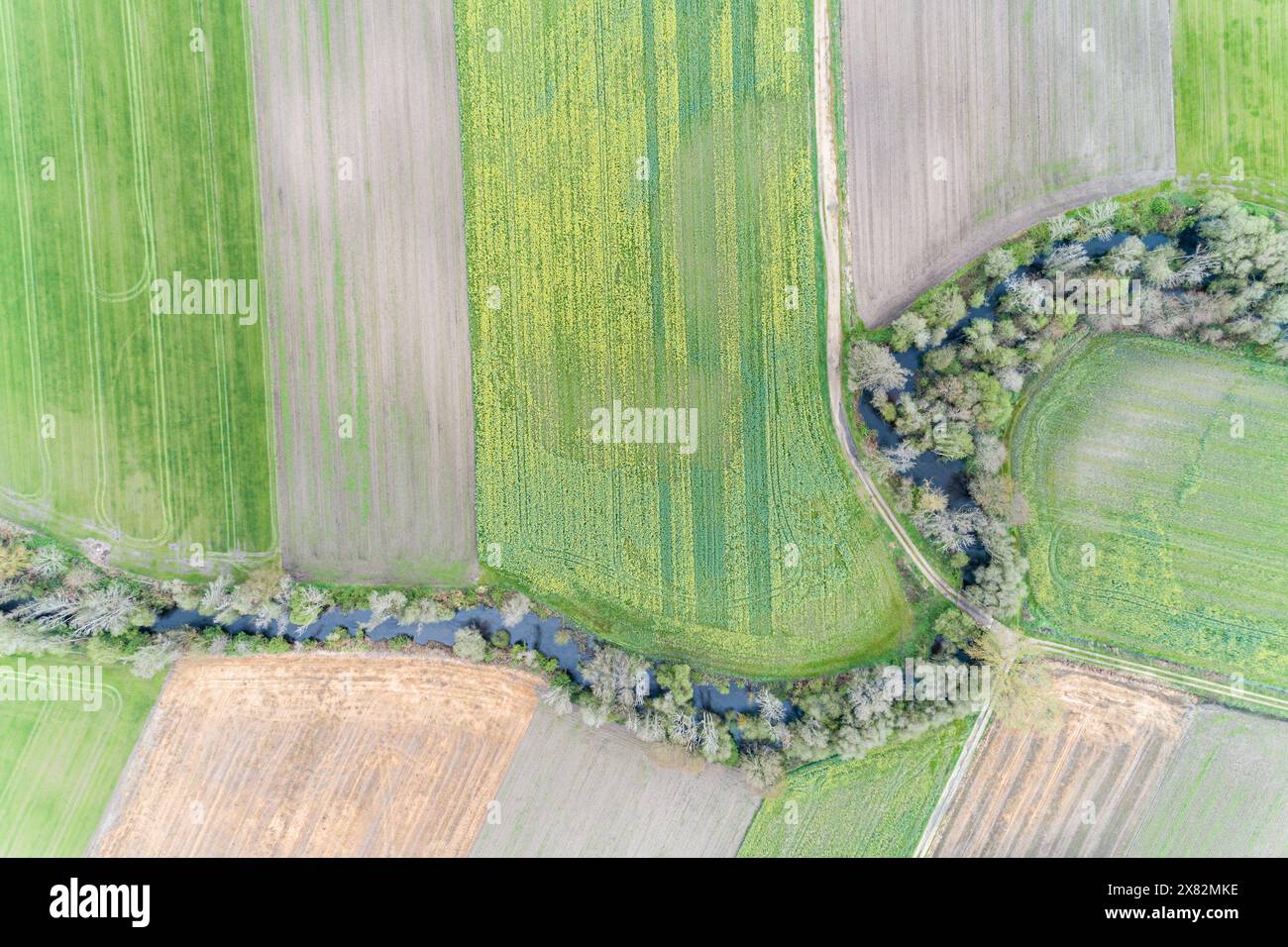 Luftaufnahme von oben auf landwirtschaftlich bewirtschaftetes Land und einen Fluss Stockfoto