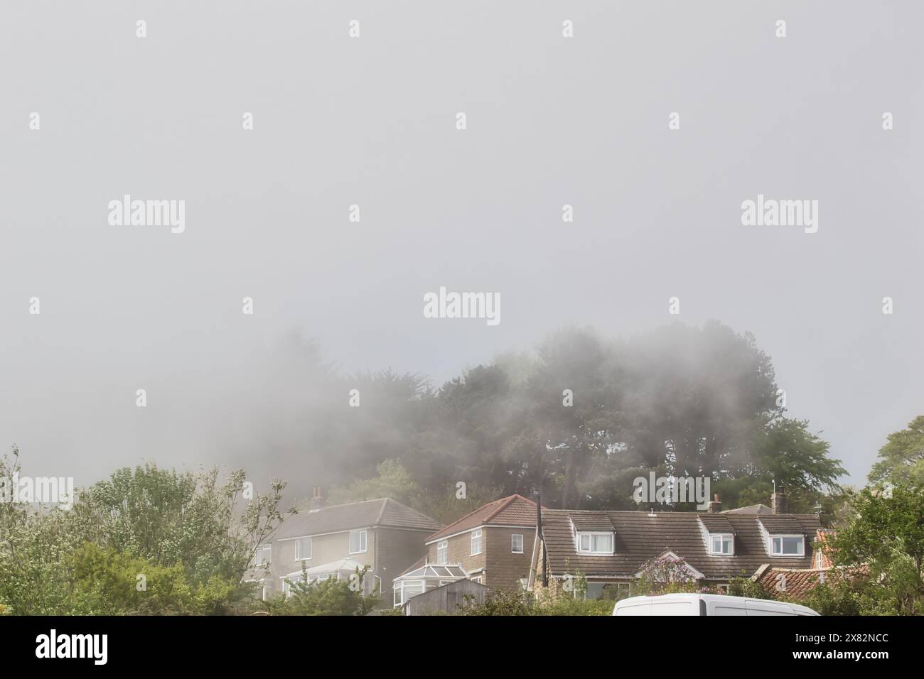 Ein nebeliger Morgen in einem Vorstadtviertel mit Häusern, die teilweise von Nebel und Bäumen im Hintergrund verdeckt sind. Stockfoto