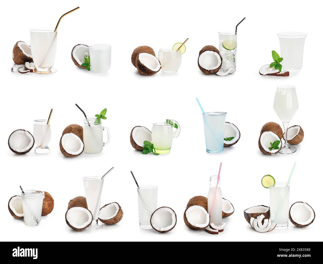 Set Glaswaren mit frischem Kokoswasser auf weißem Hintergrund Stockfoto