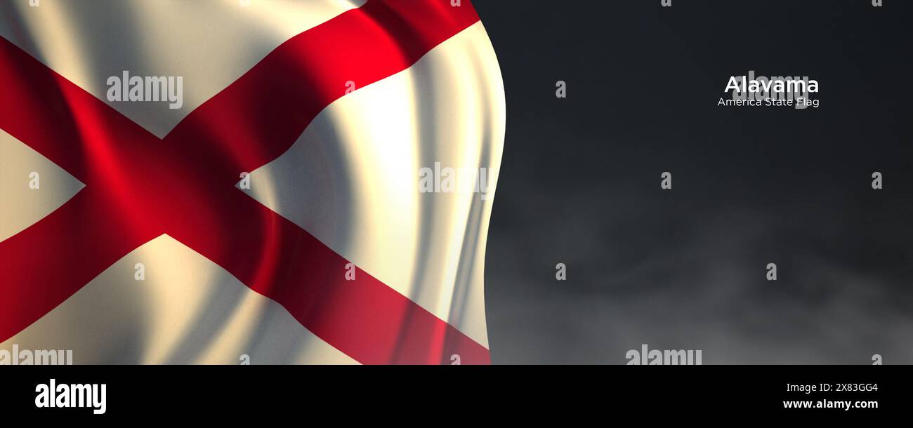 Flagge des Bundesstaates Alabama. Amerikanische Staatsflagge auf dunklem Hintergrund. Stockfoto
