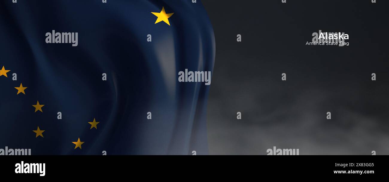 Flagge des Bundesstaates Alaska. Amerikanische Staatsflagge auf dunklem Hintergrund. Stockfoto