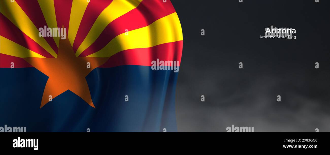 Flagge des Bundesstaates Arizona. Amerikanische Staatsflagge auf dunklem Hintergrund. Stockfoto