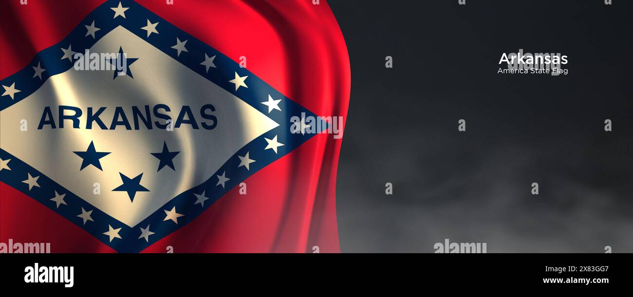 Flagge des Bundesstaates Arkansas. Amerikanische Staatsflagge auf dunklem Hintergrund. Stockfoto