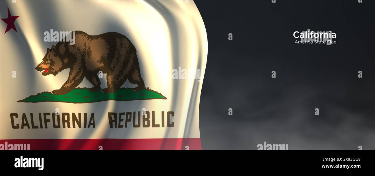 Flagge des Bundesstaates Kalifornien. Amerikanische Staatsflagge auf dunklem Hintergrund. Stockfoto