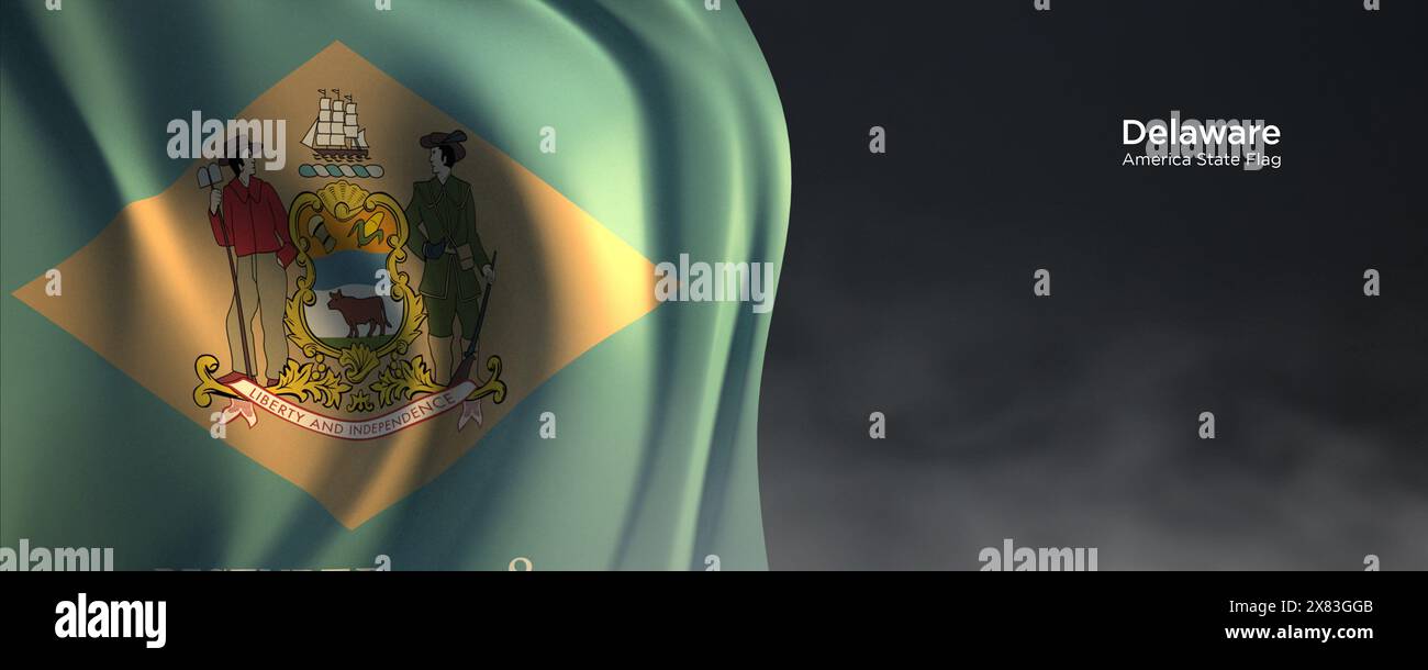 Flagge des Bundesstaates Delaware. Amerikanische Staatsflagge auf dunklem Hintergrund. Stockfoto