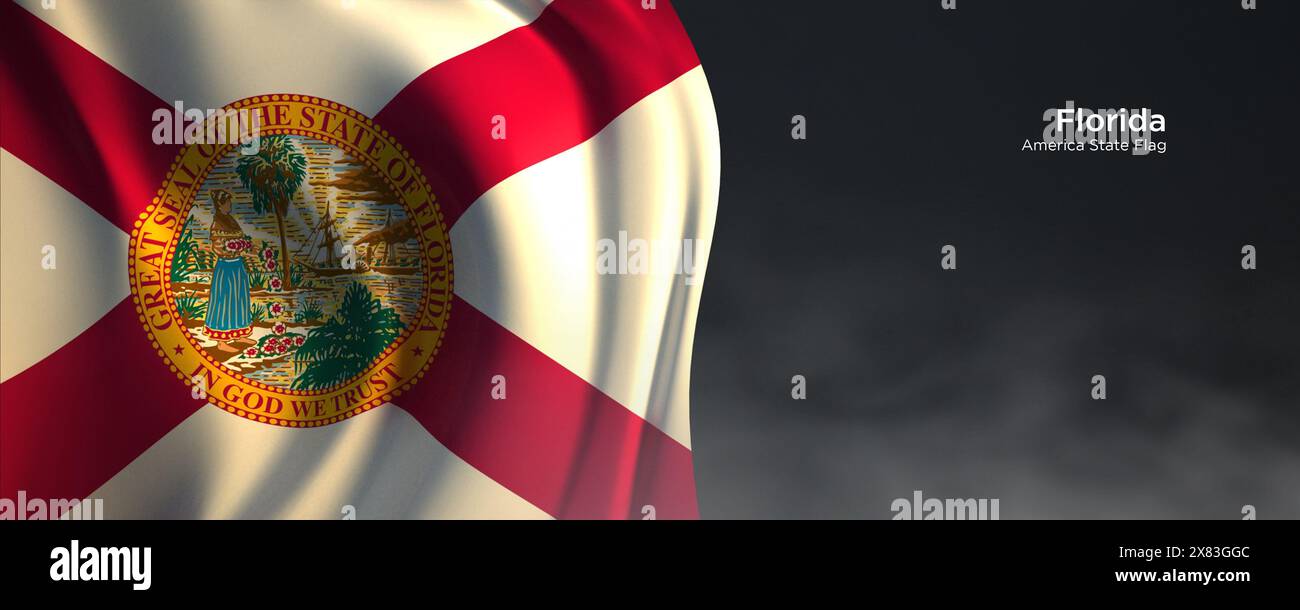 Flagge des Bundesstaates Florida. Amerikanische Staatsflagge auf dunklem Hintergrund. Stockfoto