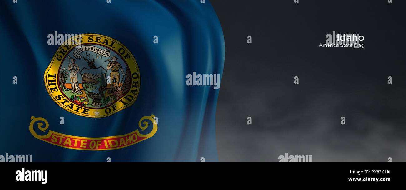 Flagge des Staates Idho. Amerikanische Staatsflagge auf dunklem Hintergrund. Stockfoto