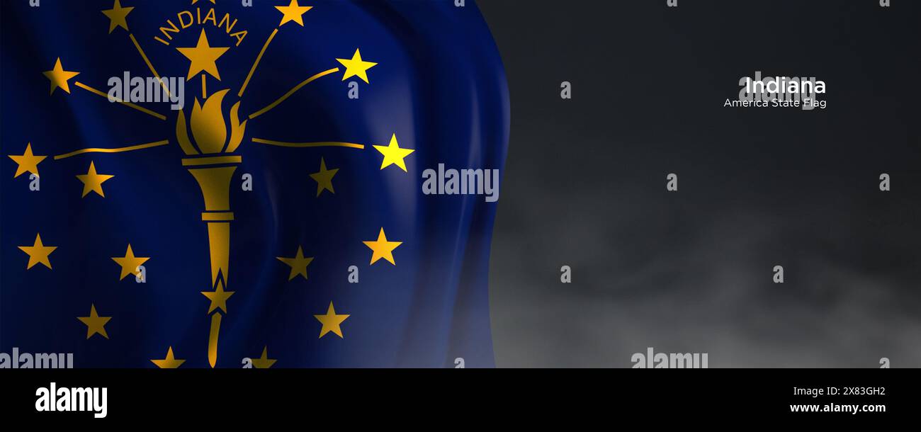 Flagge des Bundesstaates Indiana. Amerikanische Staatsflagge auf dunklem Hintergrund. Stockfoto