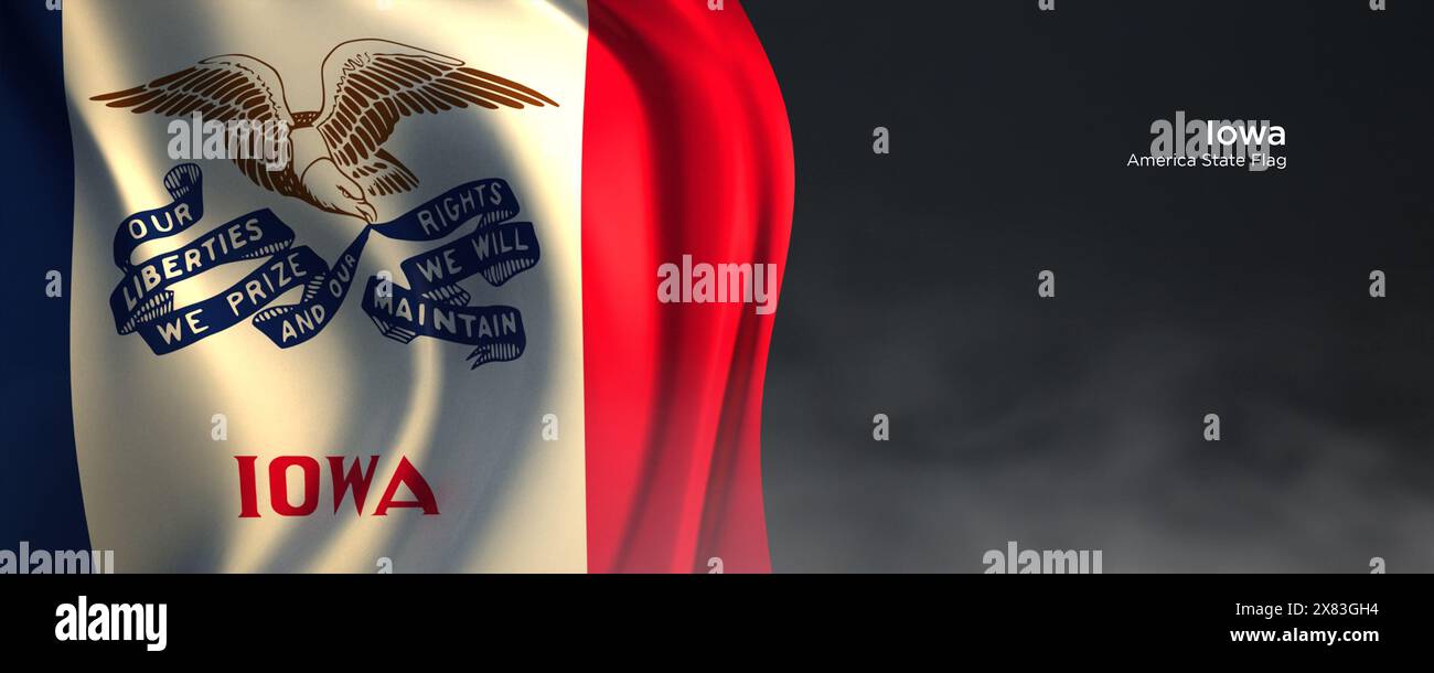 Flagge des Bundesstaates Iowa. Amerikanische Staatsflagge auf dunklem Hintergrund. Stockfoto