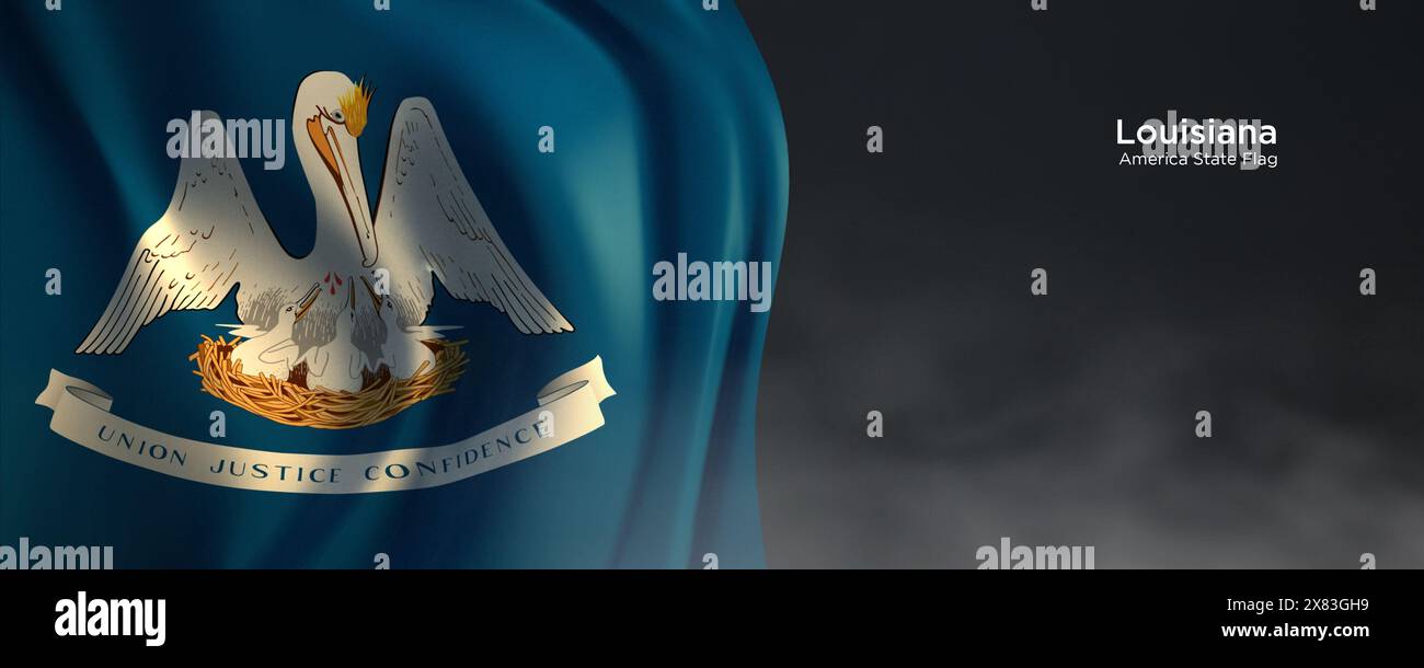 Flagge des Bundesstaates Louisiana. Amerikanische Staatsflagge auf dunklem Hintergrund. Stockfoto