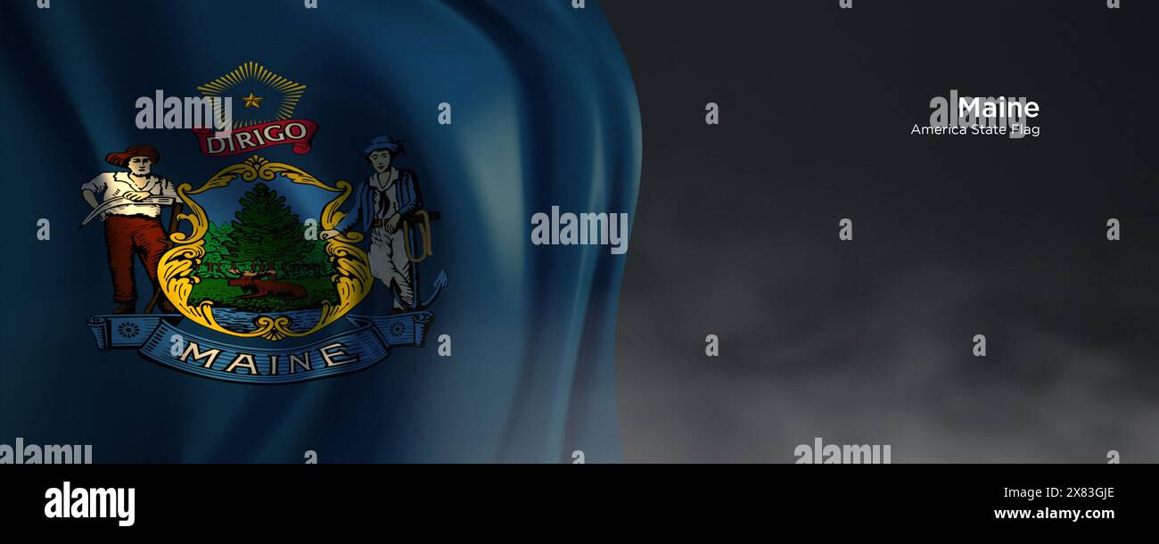 Die Flagge des Bundesstaates Maine. Amerikanische Staatsflagge auf dunklem Hintergrund. Stockfoto