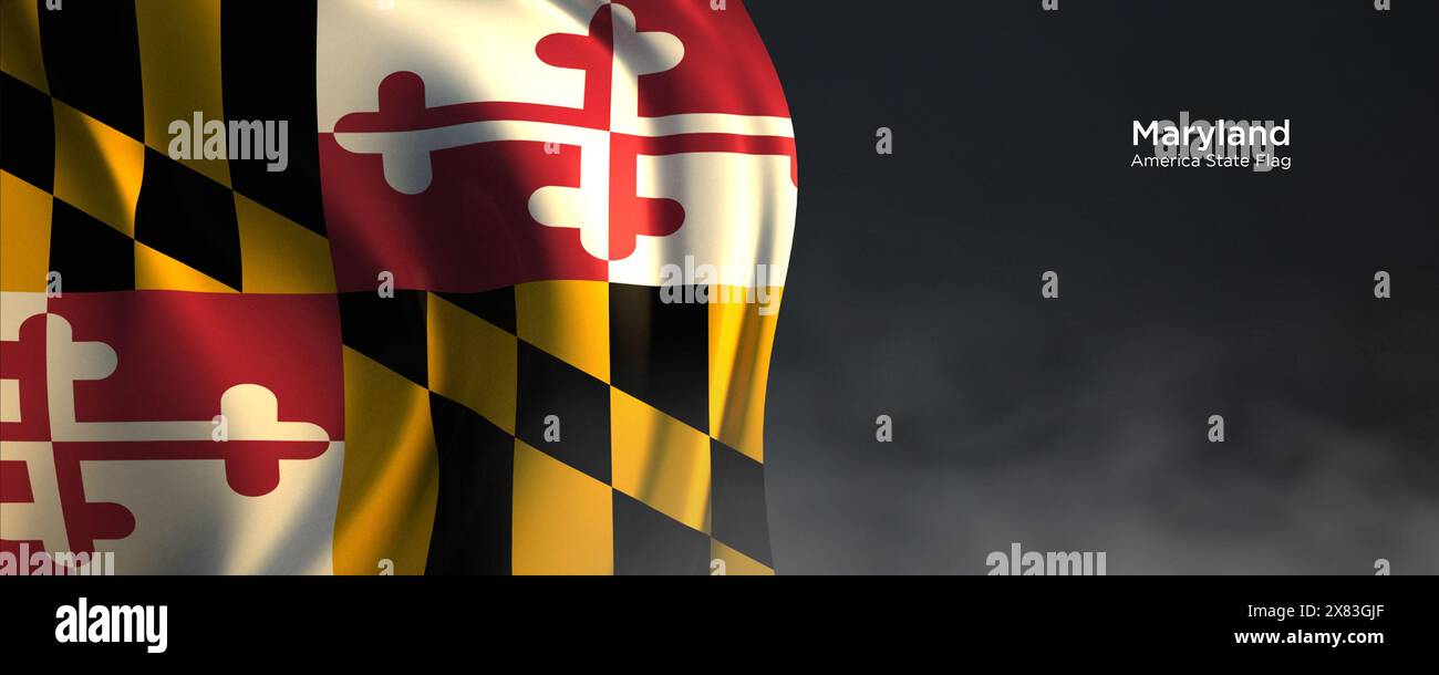 Flagge des Bundesstaates Maryland. Amerikanische Staatsflagge auf dunklem Hintergrund. Stockfoto