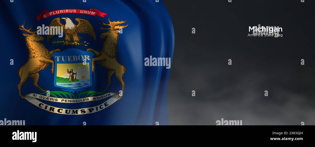 Flagge des Bundesstaates Michigan. Amerikanische Staatsflagge auf dunklem Hintergrund. Stockfoto