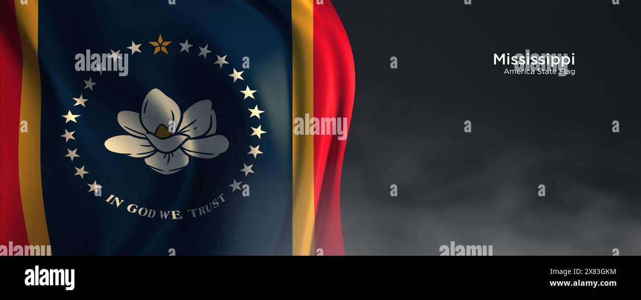 Flagge des Staates Mississippi. Amerikanische Staatsflagge auf dunklem Hintergrund. Stockfoto