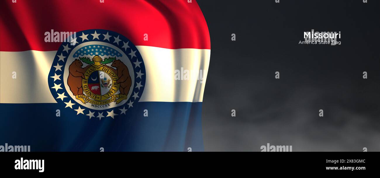 Flagge des Bundesstaates Missouri. Amerikanische Staatsflagge auf dunklem Hintergrund. Stockfoto
