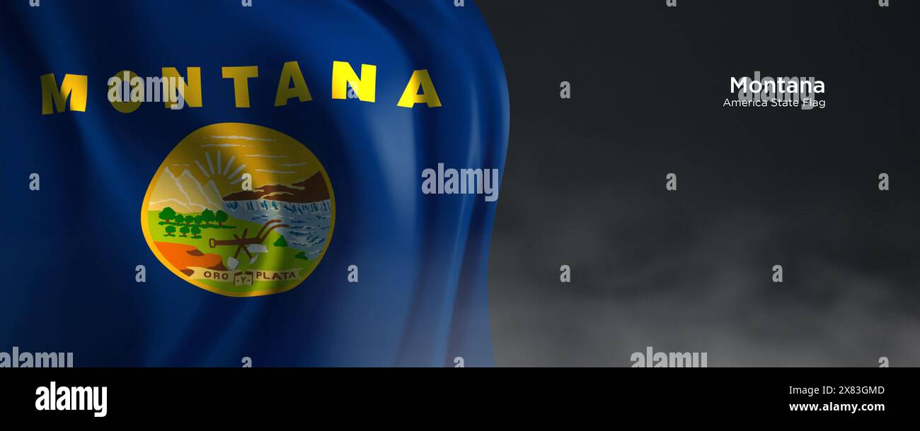 Flagge des Bundesstaates Montana. Amerikanische Staatsflagge auf dunklem Hintergrund. Stockfoto