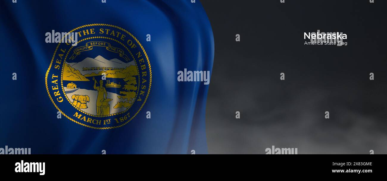 Flagge des Staates Nebraska. Amerikanische Staatsflagge auf dunklem Hintergrund. Stockfoto