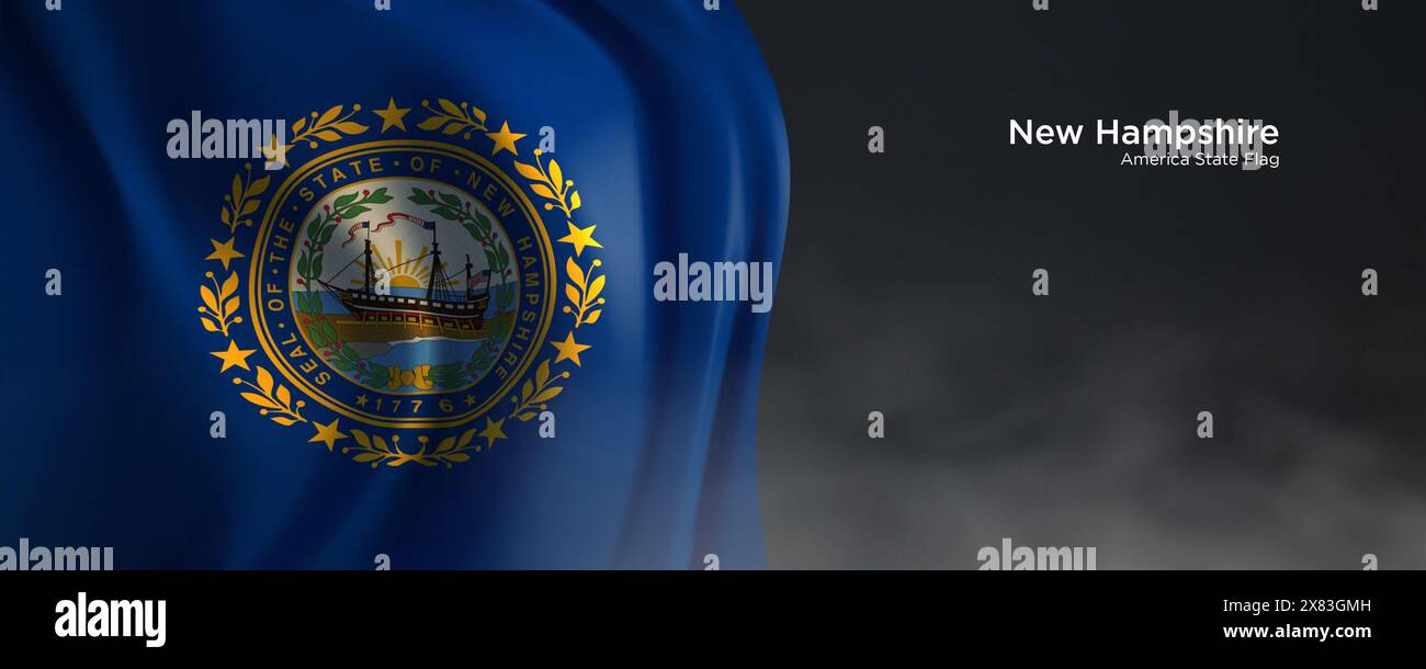 Flagge des Bundesstaates New Hampshire. Amerikanische Staatsflagge auf dunklem Hintergrund. Stockfoto