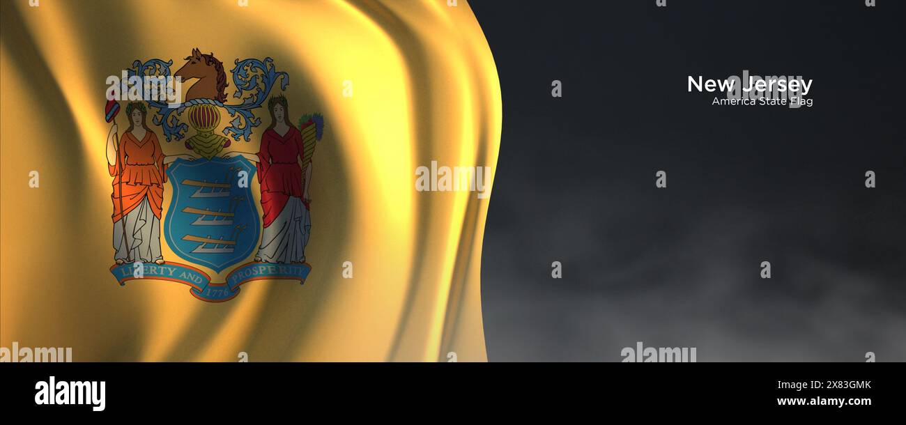Flagge des Bundesstaates New Jersey. Amerikanische Staatsflagge auf dunklem Hintergrund. Stockfoto