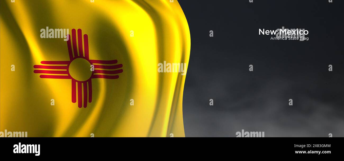 Flagge des Bundesstaates New Mexico. Amerikanische Staatsflagge auf dunklem Hintergrund. Stockfoto