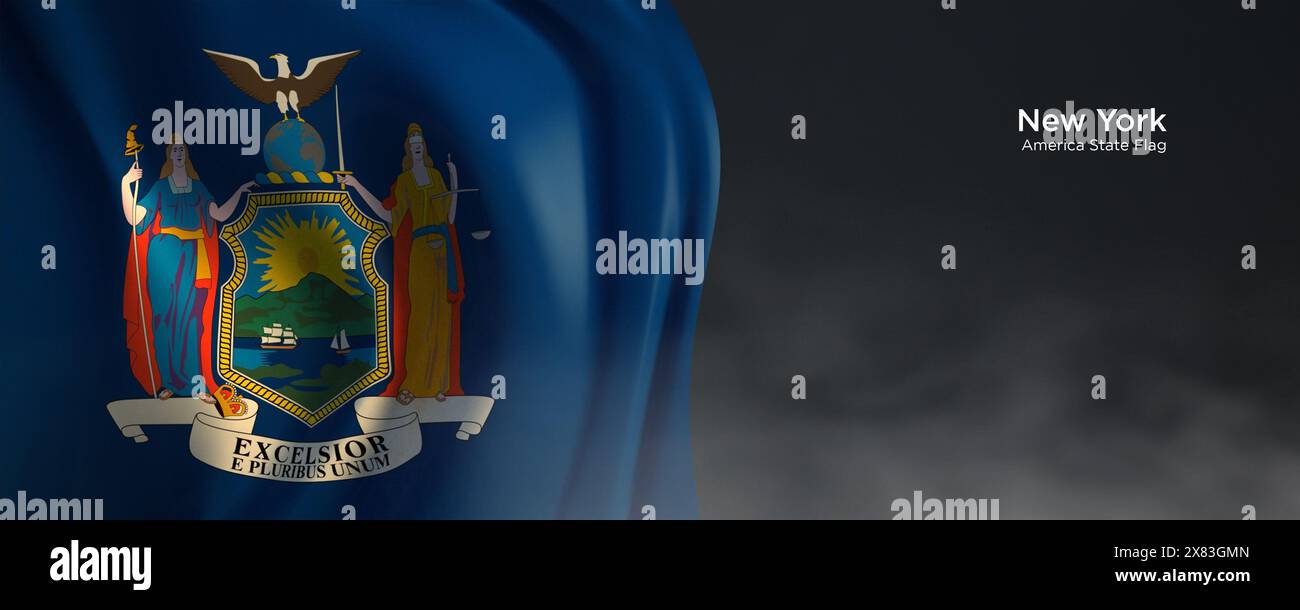 Flagge des Staates New York. Amerikanische Staatsflagge auf dunklem Hintergrund. Stockfoto