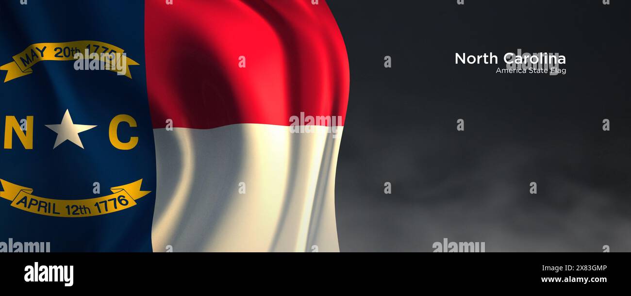 Die Flagge des Bundesstaates North Carolina. Amerikanische Staatsflagge auf dunklem Hintergrund. Stockfoto