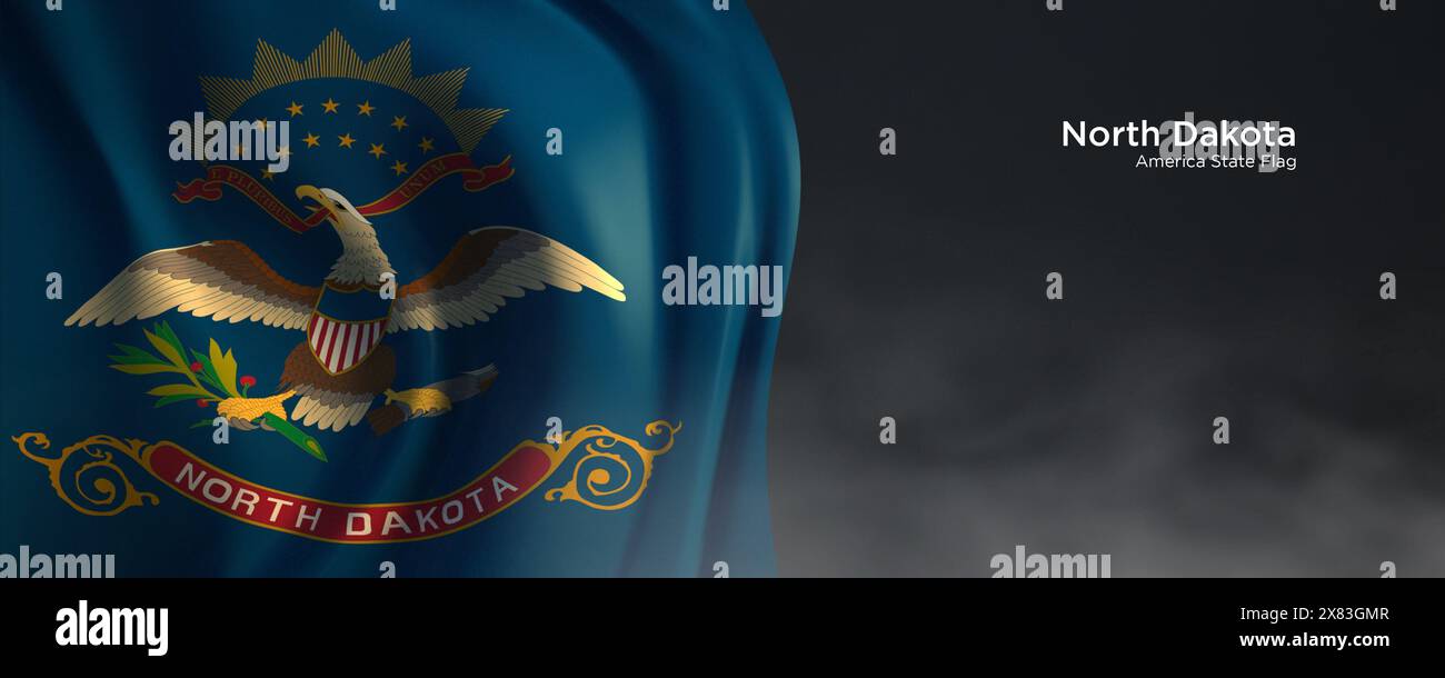Flagge des Bundesstaates North Dakota. Amerikanische Staatsflagge auf dunklem Hintergrund. Stockfoto