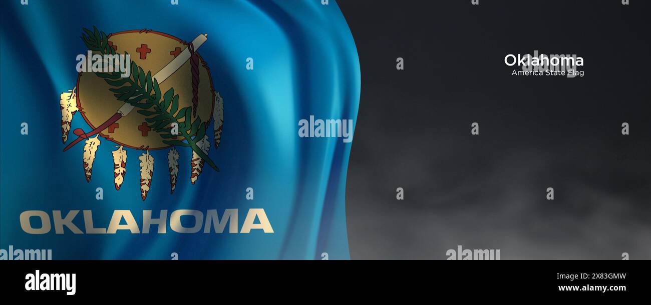 Flagge des Bundesstaates Oklahoma. Amerikanische Staatsflagge auf dunklem Hintergrund. Stockfoto