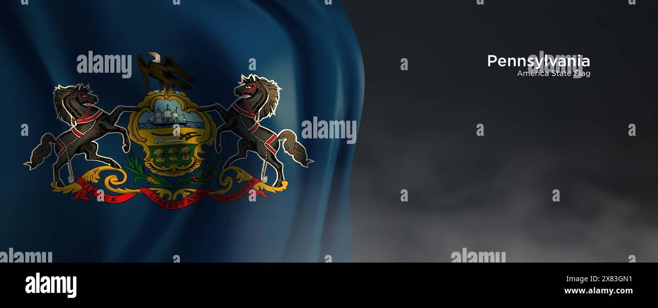 Flagge des Staates Pennsylvania. Amerikanische Staatsflagge auf dunklem Hintergrund. Stockfoto