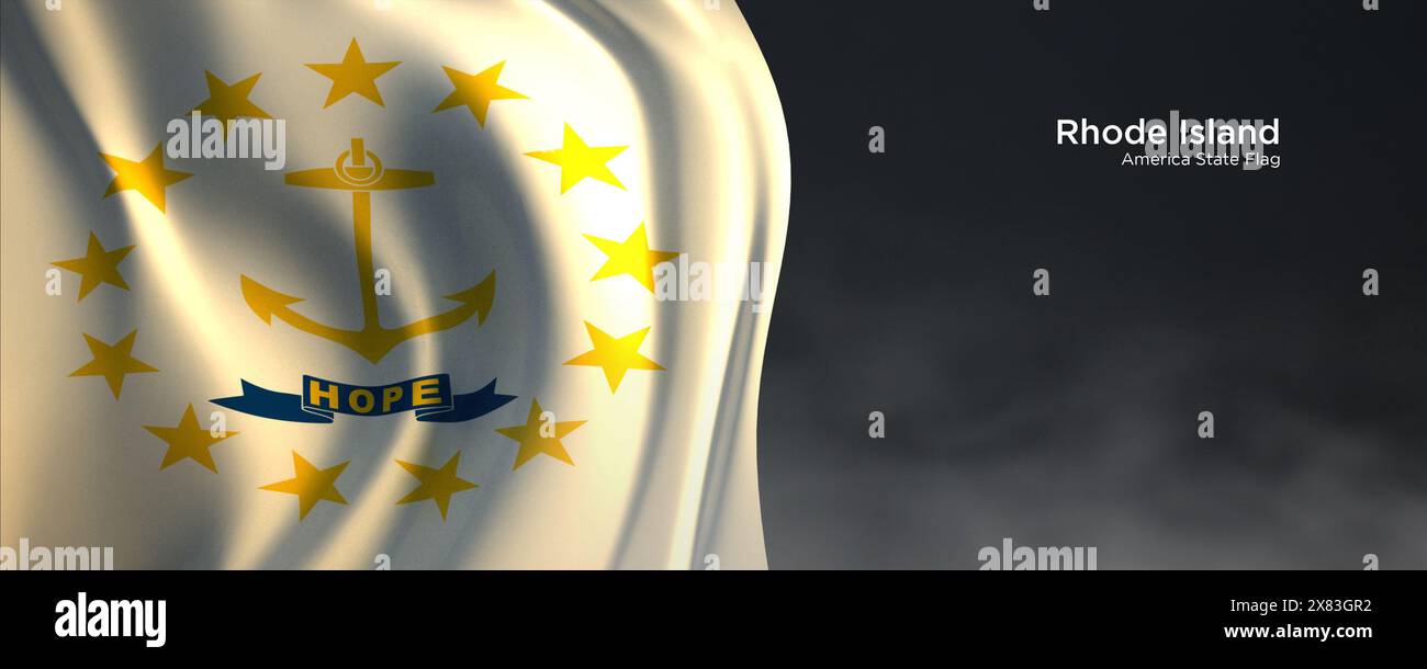 Flagge des Staates Rhode Island. Amerikanische Staatsflagge auf dunklem Hintergrund. Stockfoto