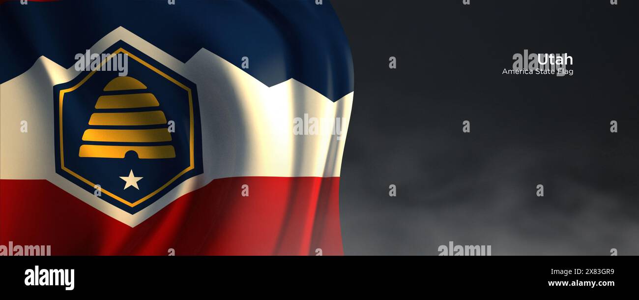 Flagge des Bundesstaates Utah. Amerikanische Staatsflagge auf dunklem Hintergrund. Stockfoto