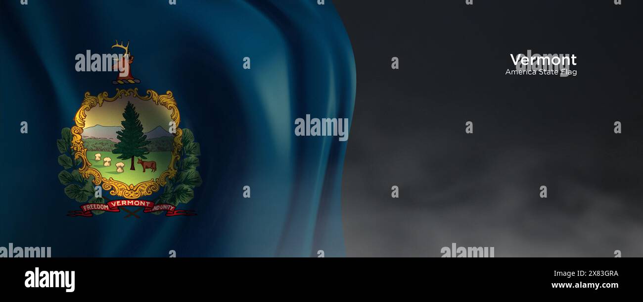 Flagge des Bundesstaates Vermont. Amerikanische Staatsflagge auf dunklem Hintergrund. Stockfoto