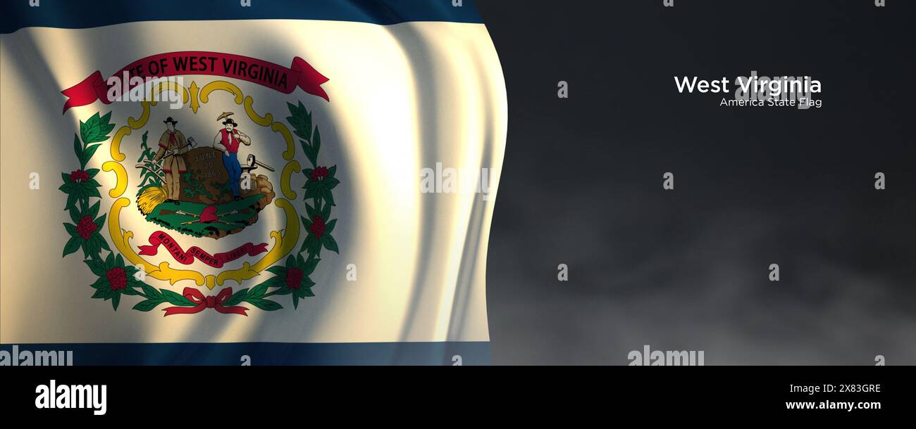 Flagge des Bundesstaates West Virginia. Amerikanische Staatsflagge auf dunklem Hintergrund. Stockfoto
