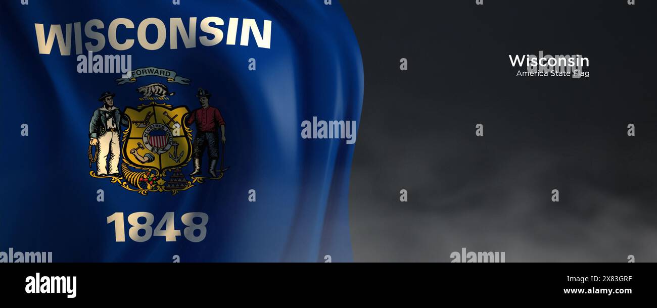Flagge des Bundesstaates Wisconsin. Amerikanische Staatsflagge auf dunklem Hintergrund. Stockfoto