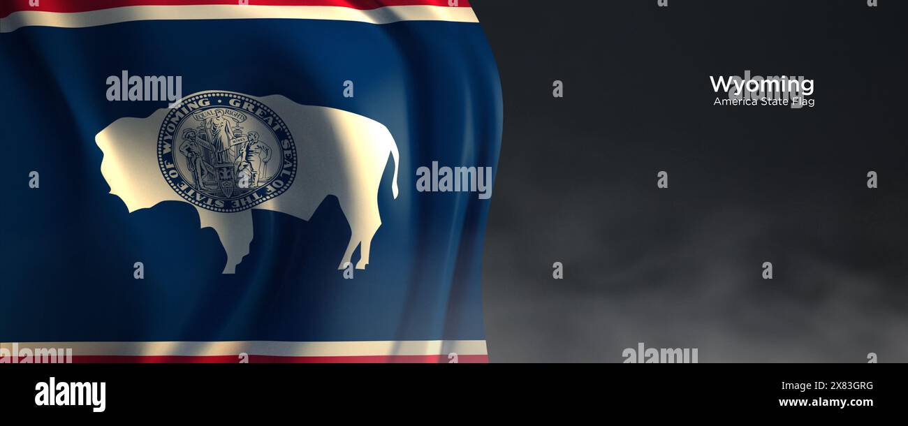 Flagge des Bundesstaates Wyoming. Amerikanische Staatsflagge auf dunklem Hintergrund. Stockfoto