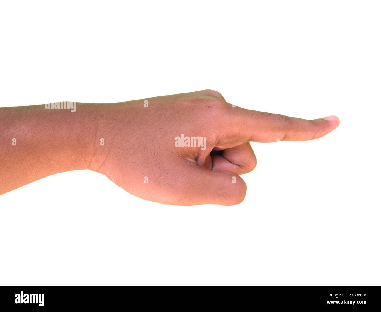 Handgesten, Handzeichen von Zeigefinger, der auf etwas zeigt, isoliert auf weißem Hintergrund Stockfoto