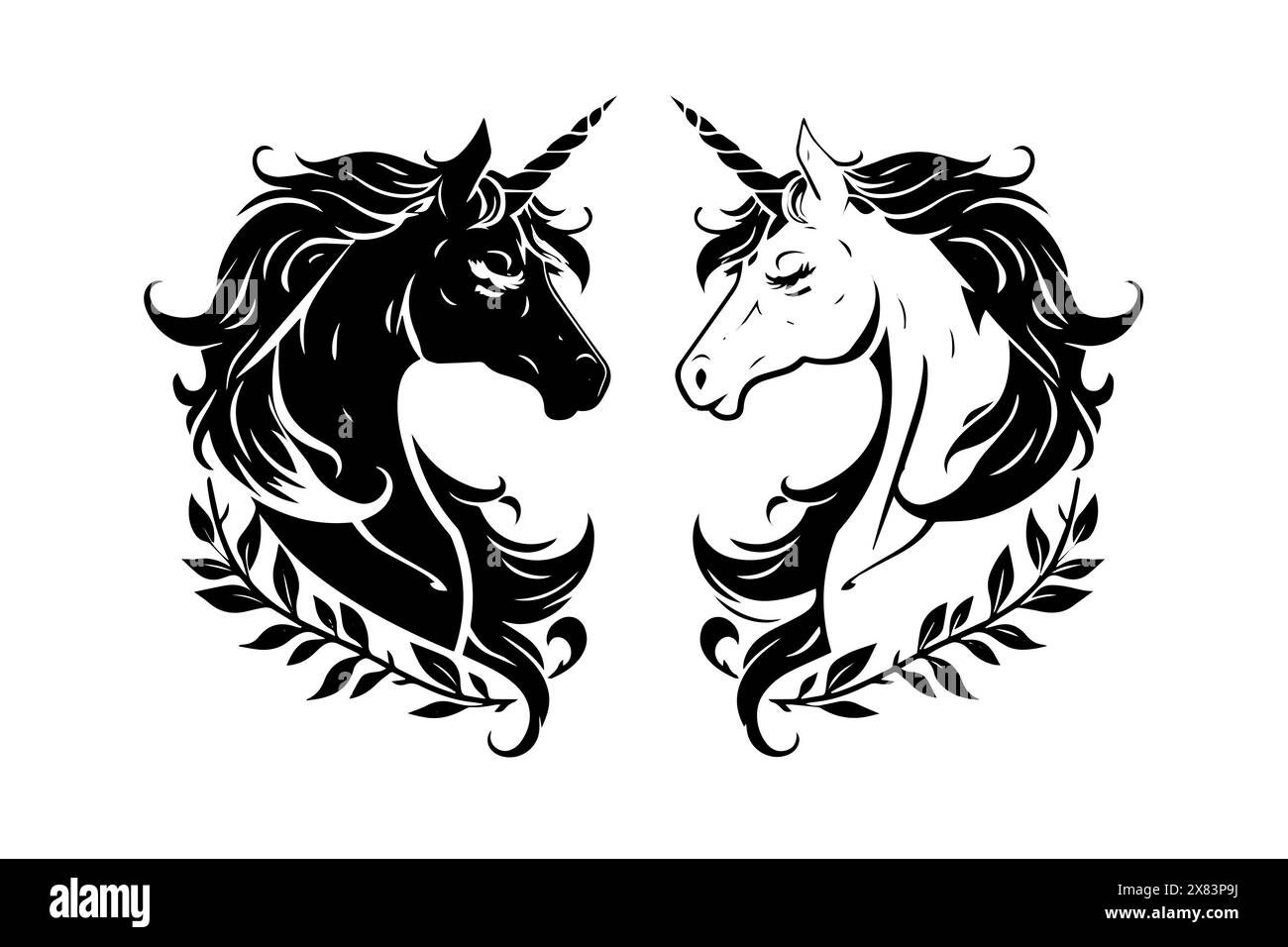 Schwarz-weißer Unicorn-Paarkopf: Modernes Vektor-Logo-Design mit mythischer Silhouette. Stock Vektor