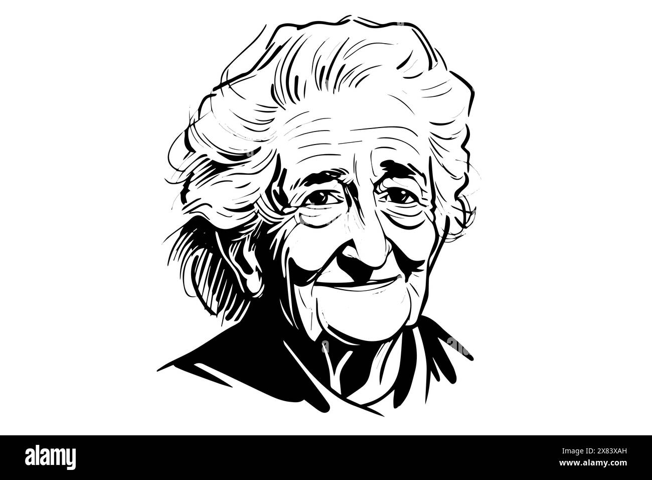 Niedliche lächelnde Oma, handgezeichnete Tuschenskizze. Vektorporträt mit Gravur. Design für Logo. Stock Vektor