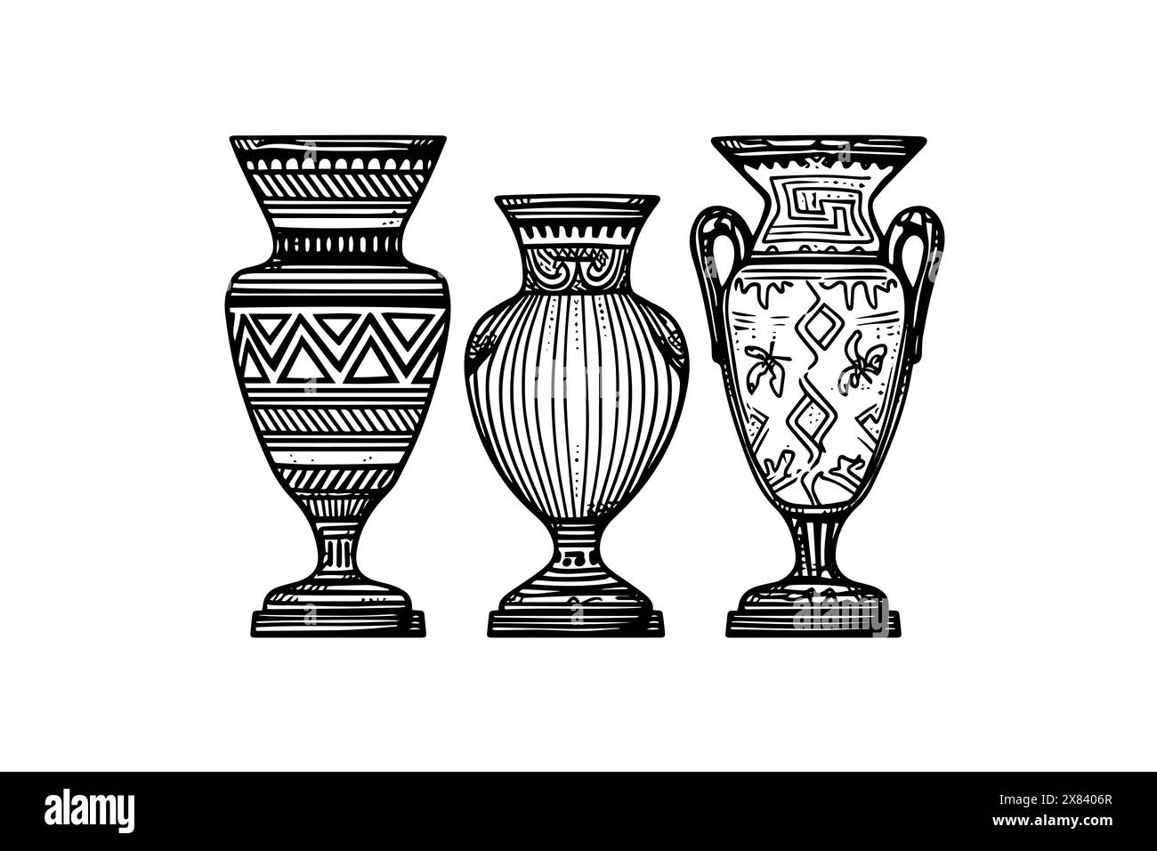 Set mit handgezeichneter Tuschenskizze der alten Vase. Vektorillustration mit Gravur. Stock Vektor